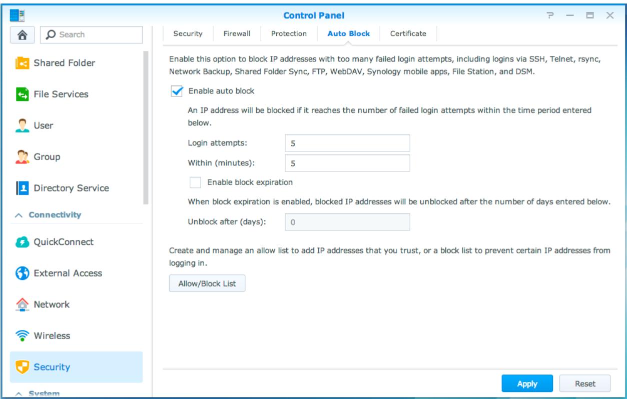 SYNOLOGY NAS DS1815 - Blocage automatique des tentatives de connexions douteuses - 1