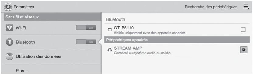Paramètres Sans fil et réseaux Wi-Fi ON Bluetooth ON Utilisation des données Plus... Recherche des périphériques Bluetooth GT-P5110 Visible uniquement avec des appareils associés Périphériques appairés STREAM AMP Connecté au système audio du média