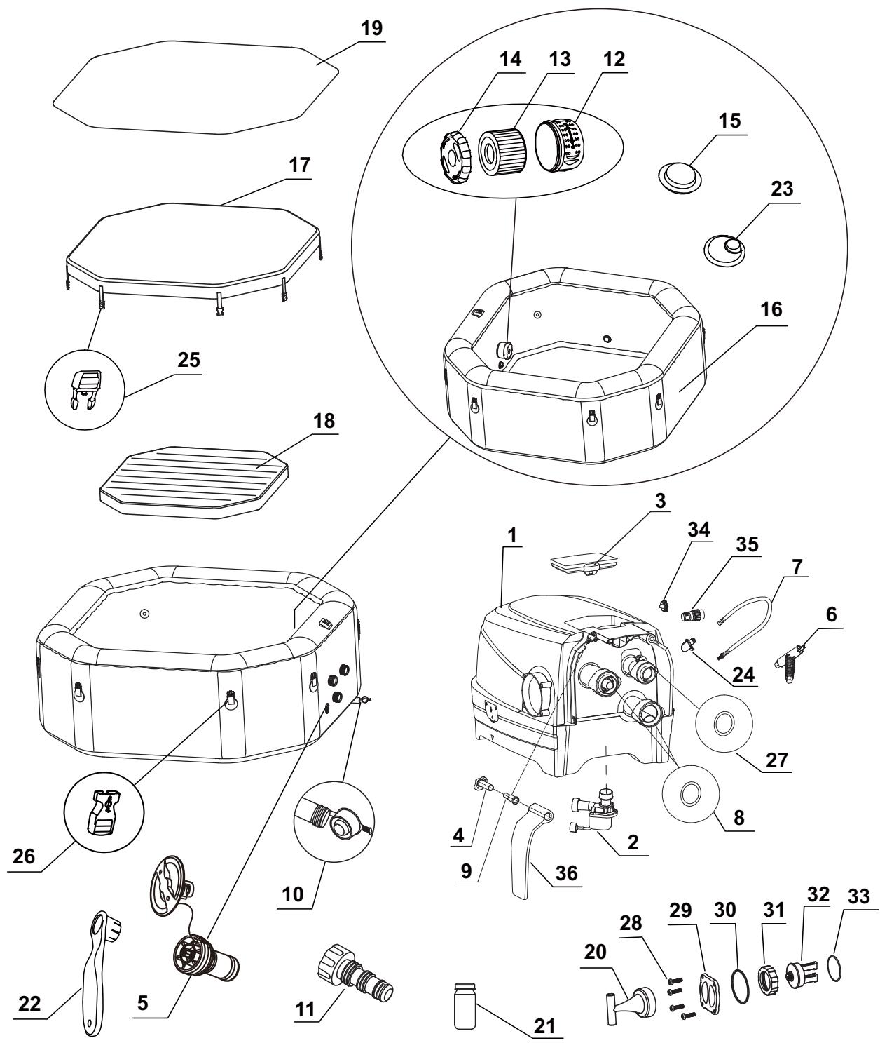 INTEX PURESPA CARBONE OCTOGONAL BULLES ET JETS - DETAIL DES PIECES - 1