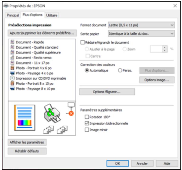 EPSON ECOTANK ET-8500 - Sélection des options additionnelles de mise en page et d'impression - Windows - 1