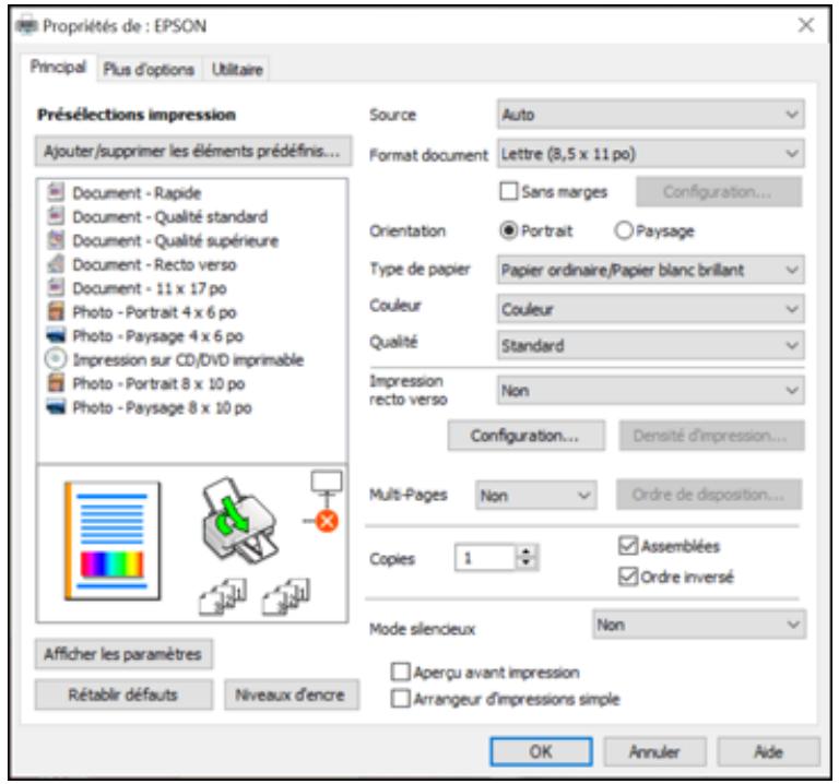 EPSON ECOTANK ET-8500 - Sélection des paramètres d'impression de base - windows - 1