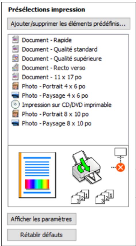 EPSON ECOTANK ET-8500 - Les options préselections impression disponibles s'affichent à gauche : - 1