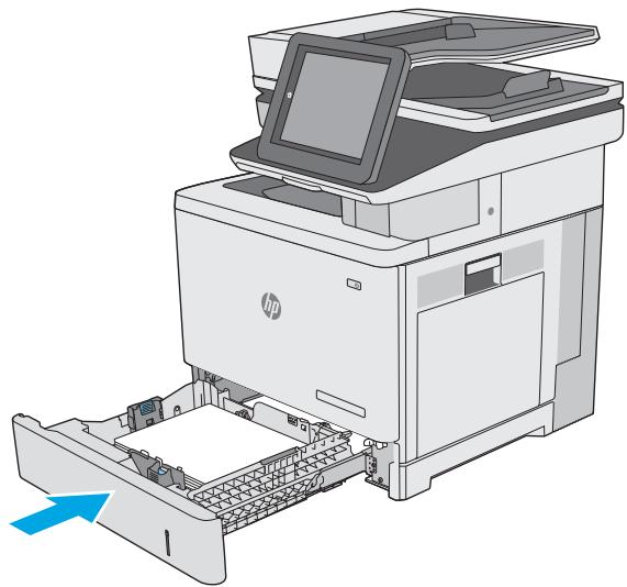 HP COLORJET ENTERPRISE M577F - Avant de charger le bac, réglez les guides de largeur en appuyant sur les taquets de réglage et en faisant glisser les guides jusqu'au format du papier utilisé. La flèche sur le guide du bac doit être alignée exactement avec la marque sur le bac. - 4
