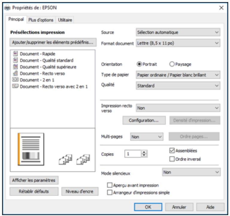 EPSON ET-M1170 - La fenêtre des paramètres de l'imprimante s'affiche : - 1