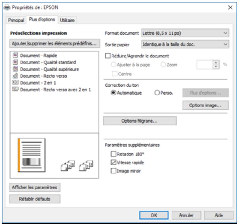 EPSON ET-M1170 - Sélection des options additionnelles de mise en page et d'impression - Windows - 1
