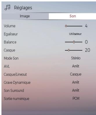 Réglages Image Son Volume 4 Egaliseur Utilisateur Balance 0 Casque 20 Mode Son Stéréo AVL Arrêt Casque/Lineout Casque Grave Dynamique Arrêt Son Surround Arrêt Sortie numérique PCM