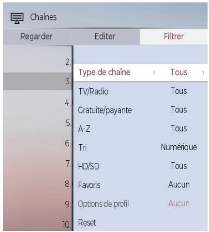 Chaines Regarder Editor Filtrer 2. 3. Type de chaîne < Tous > 4. TV/Radio Tous 5. Gratuite/payante Tous 6. A-Z Tous 7. Tri Numérique 8. HD/SD Tous 9. Favoris Aucun 10. Options de profil Aucun Reset