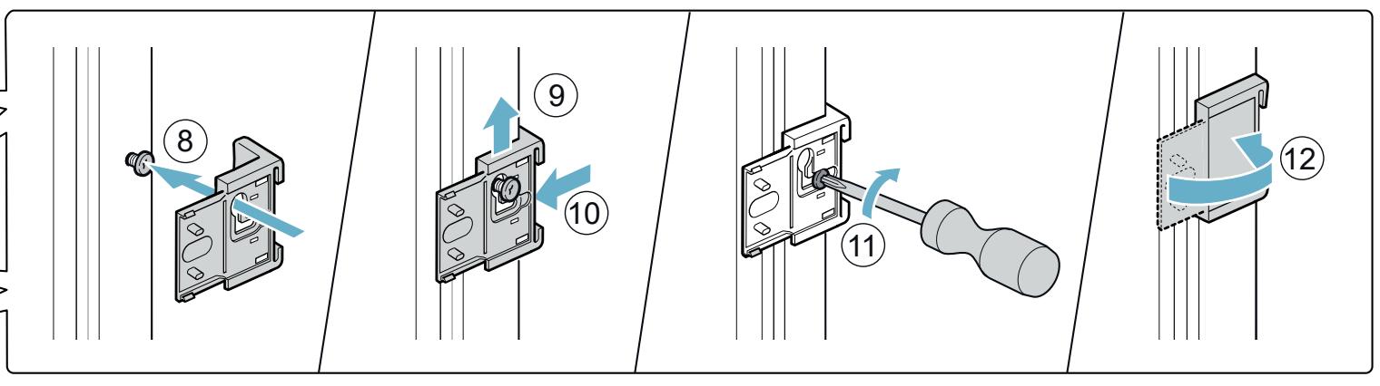 Diagram showing 12 steps of a device mounting or repair process with numbered instructions and directional arrows.