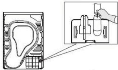 Technical diagram showing a device with internal components and a close-up of its component being handled by hand.