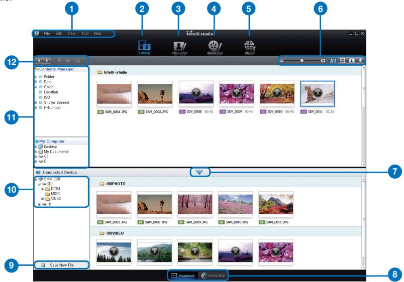 SAMSUNG SMX-C20RP - Étape 2. À propos de la fenêtre principale de l'application Intelli-Studio - 1