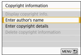 CANON EOS 800D - Select [Copyright information]. - 1