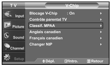 SAMSUNG LN-S2641D - Comment configurer les restrictions à l'aide des évaluations MPAA : G, PG, PG-13, R, NC-17, X, NR - 3