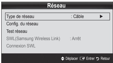 Réseau Type de réseau : Câble ▶ Config. du réseau Test réseau SWL(Samsung Wireless Link) : Arrêt Connexion SWL Déplacer Entrer Retour