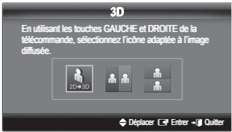 3D En utilisant les touches GAUCHE et DROITE de la télécommande, sélectionnez l'icône adaptée à l'image diffusée. 2D→3D Déplacer Entrer Quitter