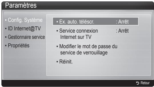 Paramètres • Config. Système • ID Internet@TV • Gestionnaire service • Propriétés • Ex. auto. téléscr. : Arrêt • Service connexion : Arrêt Internet sur TV • Modifier le mot de passe du service de verrouillage • Réinit.