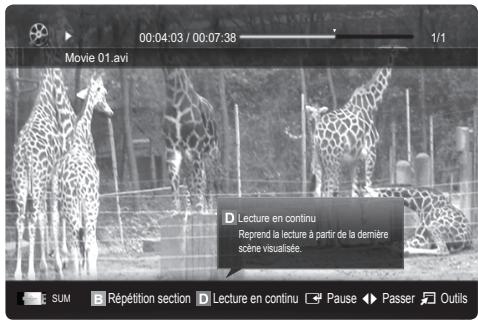 Movie 01.avi D Lecture en continu Reprend la lecture à partir de la dernière scène visualisée. E SUM B Répétition section D Lecture en continu □ Pause ◆ Passer J Outils