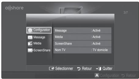 o||share Configuration Message : Activé Média : Activé ScreenShare : Activé Nom TV : TV domicile Sélectionner Retour Quitter Configuration Retour