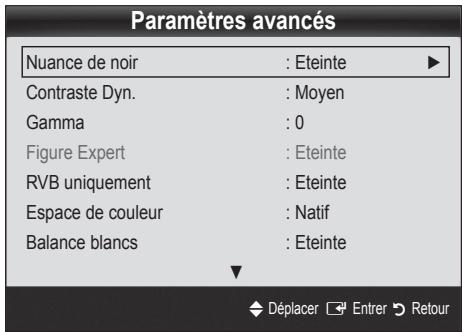 Paramètres avancés Nuance de noir : Eteinte Contraste Dyn. : Moyen Gamma : 0 Figure Expert : Eteinte RVB uniquement : Eteinte Espace de couleur : Natif Balance blancs : Eteinte Déplacer Entrer Retour