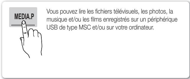 MEDIA.P Vous pouvez lire les fichiers télévisuels, les photos, la musique et/ou les films enregistrés sur un périphérique USB de type MSC et/ou sur votre ordinateur.