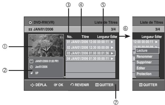 SAMSUNG DVD-VR336 - Éléments de l'écran de la Liste de Titres - 1