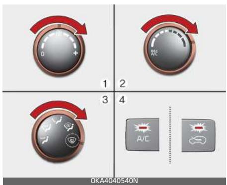 KIA Carnival (2021) - Dégivrage de l'extérieur du pare-brise avec le système de com-mande de climatisation manuelle - 1