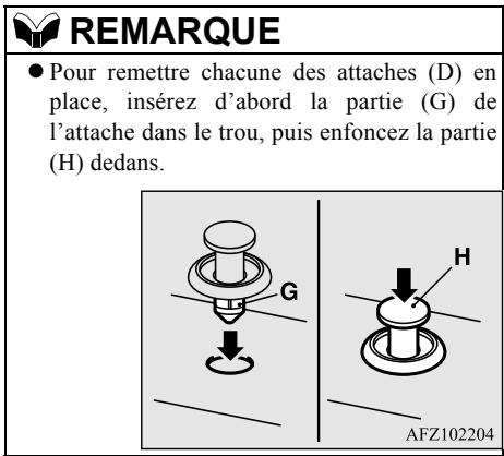 REMARQUE ● Pour remettre chacune des attaches (D) en place, insérez d'abord la partie (G) de l'attache dans le trou, puis enfoncez la partie (H) dedans. AFZ102204