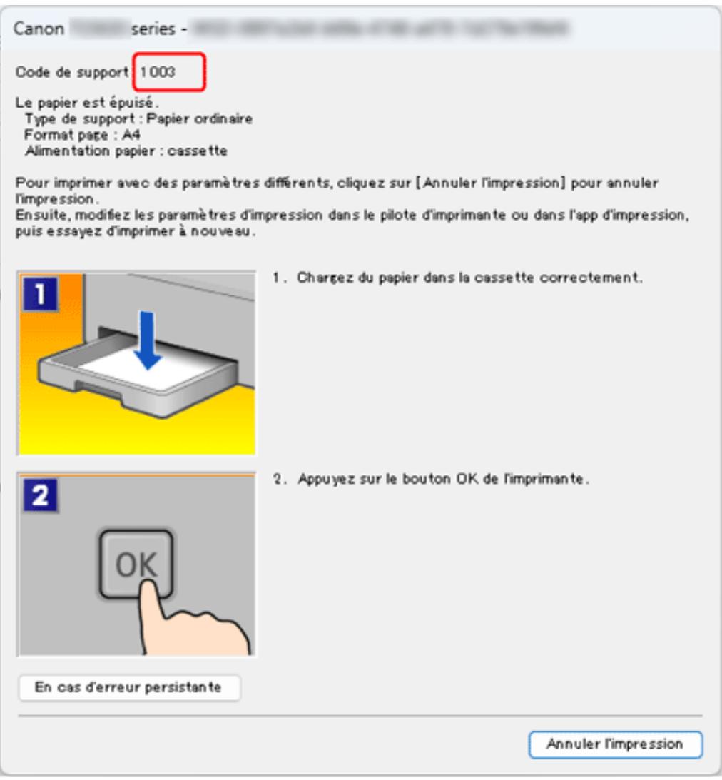 CANON TS4150IWH - Lorsqu'un code de support et un message s'affichent sur l'écran de l'ordinateur (Windows) : - 1