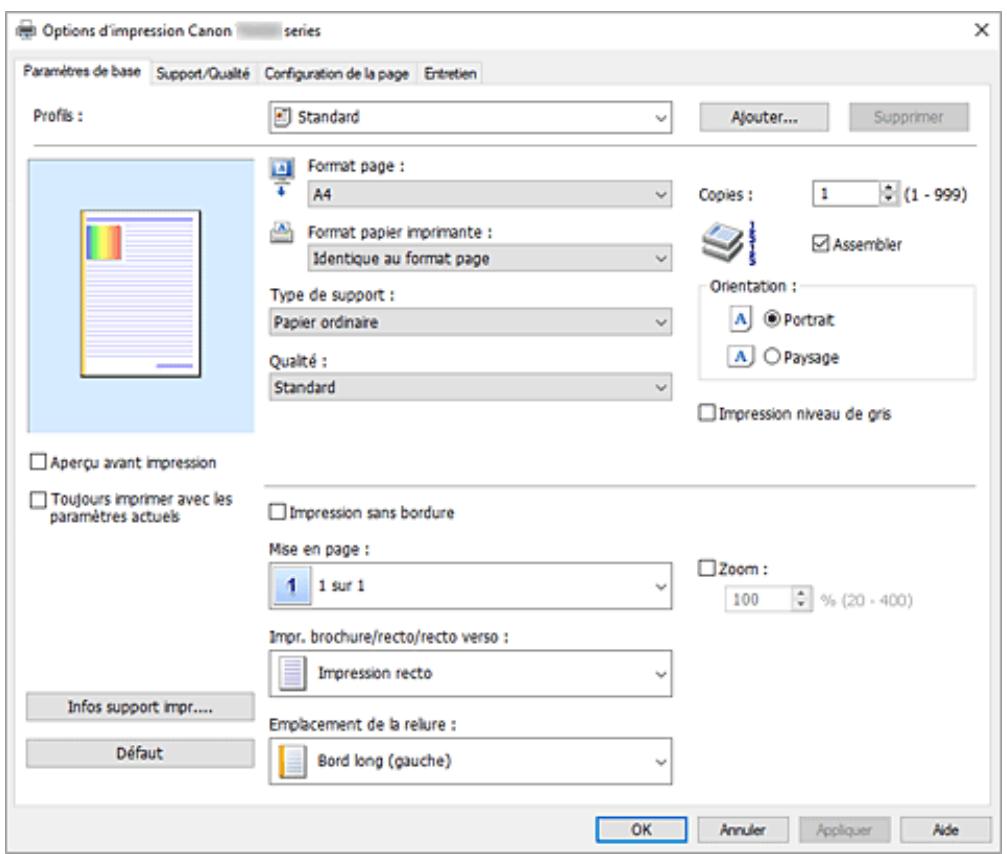 CANON TS4150IWH - Commandes principales (onglet Paramètres de base) - 1