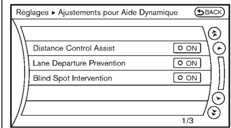 INFINITI M (2011) - Modification des réglages de la commande dynamique d'Aide de Conduite : - 1