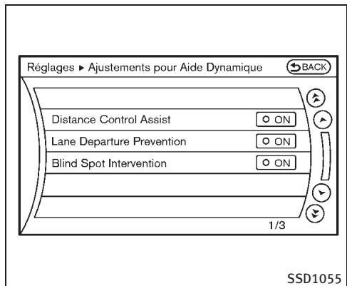 INFINITI M (2011) - Modification des réglages de la commande dynamique d'Aide de Conduite : - 1