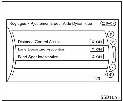 INFINITI M (2011) - Modification des réglages de la commande dynamique d'Aide de Conduite - 3