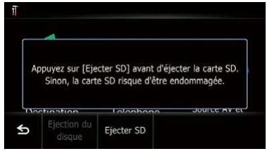 Appuyez sur [Ejecter SD] avant d'éjecter la carte SD. Sinon, la carte SD risque d'être endommagée.