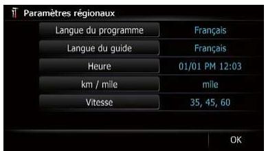 Paramètres régionaux Langue du programme Langue du guide Heure km / mile Vitesse Français Français 01/01 PM 12:03 mile 35, 45, 60 OK