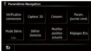 Paramètres Navigation Vérification connexions Capteur 3D Consom. Param. journal cond. Mode Dém Dés Définir Domicile Modifier position actuelle Réglages Eco