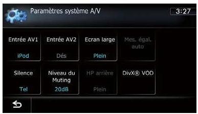 Paramètres système A/V 3:27 Entrée AV1 iPod Entrée AV2 Dés Ecran large Plein Mes, égal, auto Silence Tel Niveau du Muting 20dB HP arrière Plein DivX® VOD
