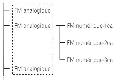 graph TD A["FM analogique"] --> B["FM numérique-1ca"] A --> C["FM numérique-2ca"] A --> D["FM numérique-3ca"] E["FM analogique"] --> F["FM numérique-1ca"] E --> G["FM numérique-2ca"] E --> H["FM numérique-3ca"]