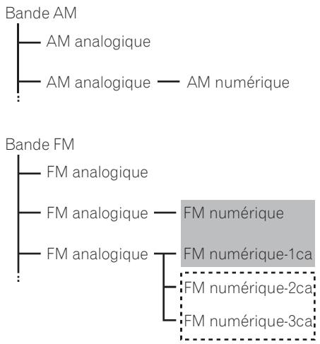 graph TD A["Bande AM"] --> B["AM analogique"] A --> C["AM analogique"] C --> D["AM numérique"] E["Bande FM"] --> F["FM analogique"] E --> G["FM analogique"] G --> H["FM numérique"] G --> I["FM analogique"] I --> J["FM numérique-1ca"] I --> K["FM numérique-2ca"] I --> L["FM numérique-3ca"]