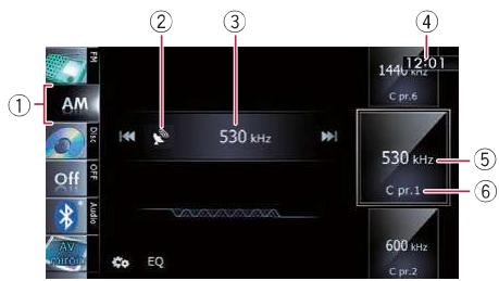 AM Off AV EQ 530 kHz 144 kHz C pr.6 530 kHz C pr.1 600 kHz C pr.2