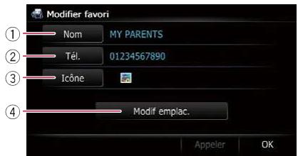 Modifier favori ① Nom MY PARENTS ② Tél. 01234567890 ③ Icône ④ Modif emplac. Appeler OK