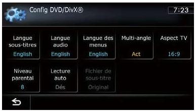 Config DVD/DivX® 7:23 Langue sous-titres English Langue audio English Langue des menus English Multi-angle Act Aspect TV 16:9 Niveau parental 8 Lecture auto Dés Fichier de sous-titre Original