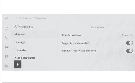 Paramètres • Navigation Affichage carte Itinéraire Guidage Circulation Mise à jour cartes Zone à éviter Éviter la circulation Suggestion de stations GPL Conduite économique prédictive Manuel