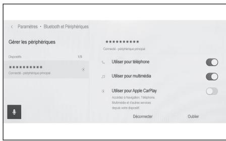 Paramètres • Bluetooth et Périphériques Gérer les périphériques Dispositifs 1/5 ************************** Connecté - périphérique principal ************************** Connecté - périphérique principal Useiser pour téléphone Useiser pour multimédia Useiser pour Apple CarPlay Accides à navigation, Telephone, Multimédie et d'autres services desques votre dispositif. Déconnecter Oublier