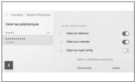 Paramètres • Bluetooth et Périphériques Gérer les périphériques Deposits 1/5 ************************** Connecté Connecté - périphérique principal Utiliser pour téléphone Utiliser pour multimédia Utiliser pour Apple CarPlay Définir un périphérique secondaire Déconnecter Cublier
