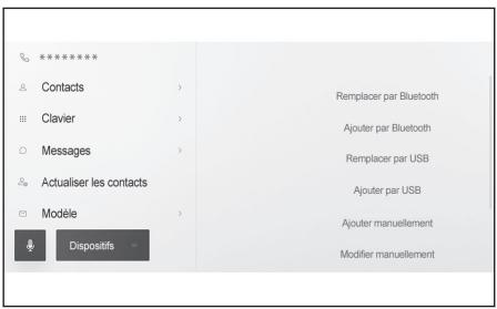 ***** Contacts > Clavier > Messages > Actualiser les contacts > Modèle > Dispositifs Remplacer par Bluetooth Ajouter par Bluetooth Remplacer par USB Ajouter par USB Ajouter manuellement Modifier manuellement