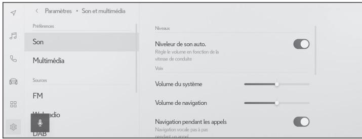 Paramètres • Son et multimédia Préférences Son Multimédia Sources FM Multi radio DAB Niveaux Niveleur de son auto. Régle le volume en fonction de la vitesse de conduite Voix Volume du système Volume de navigation Navigation pendant les appels Navigation vocale pas à pas pendant un appel