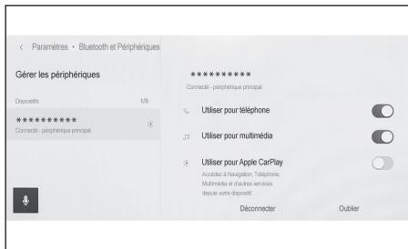 Paramètres • Bluetooth et Périphériques Gérer les périphériques Dispositions 1/5 ************************** Connecté - périphérique principal ************************** Utiliser pour téléphone Utiliser pour multimédia Utiliser pour Apple CarPlay Accides à l'haugation, Telephone, Multimedia et d'autres services desques votre dispositif. Déconnecter Oublier