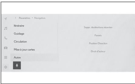 Paramètres • Navigation Itinéraire Guidage Circulation Mise à jour cartes Autre Suppr. destinations récentes Favoris Position/Direction Droit d'auteur