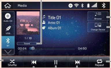 Media Audio CD USB BT 1 / 18 Sound Title 01 Artist 01 Album 01 Browse Change Device 00:24 04:50 Shuffle Repeat