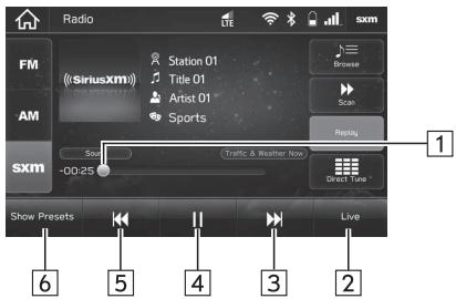 Radio FM ((SiriusXM)) AM SXM Station 01 Title 01 Artist 01 Sports Svm -00:25 Traffic & Weather Now Browse Scan Replay Direct Time Show Presets Live 1 6 5 4 3 2