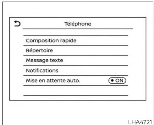 Téléphone Composition rapide Répertoire Message texte Notifications Mise en attente auto. • ON LHA4721